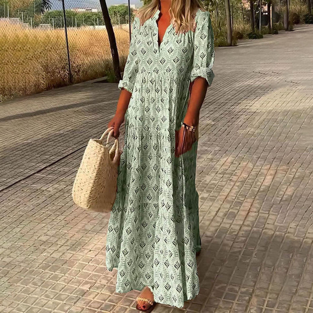 WW | Lange Ärmel Lockere Passform Maxi Kleid Maxi Strandkleid