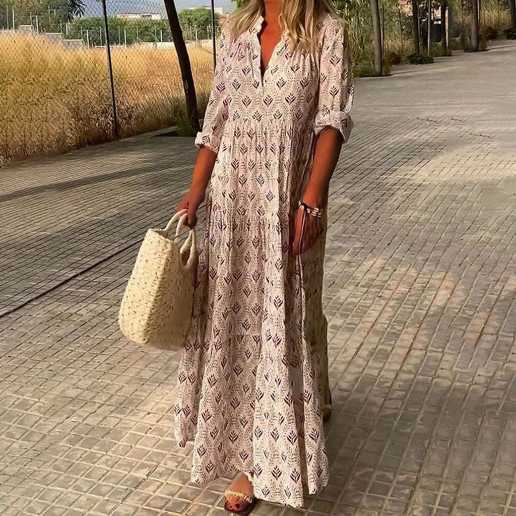 WW | Lange Ärmel Lockere Passform Maxi Kleid Maxi Strandkleid