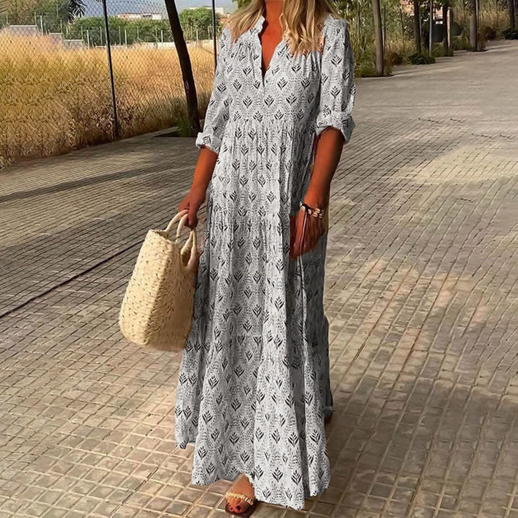 WW | Lange Ärmel Lockere Passform Maxi Kleid Maxi Strandkleid