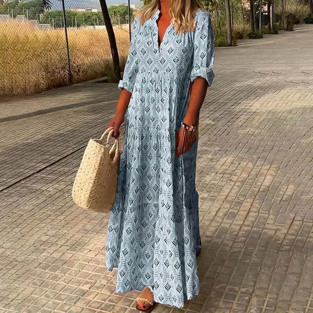 WW | Lange Ärmel Lockere Passform Maxi Kleid Maxi Strandkleid