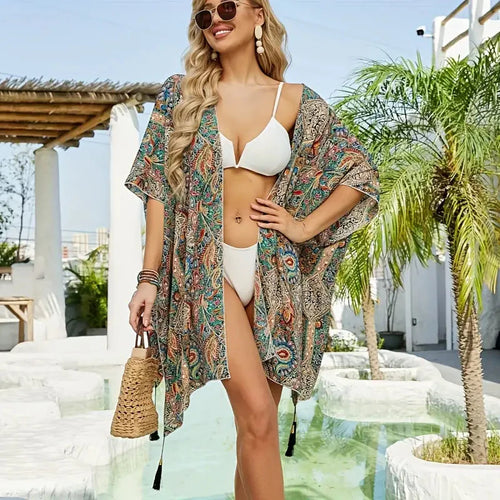 WW | Kimono, Paisley Druck, Offene Front, Bikini-Cover Up, Strand-Kimono