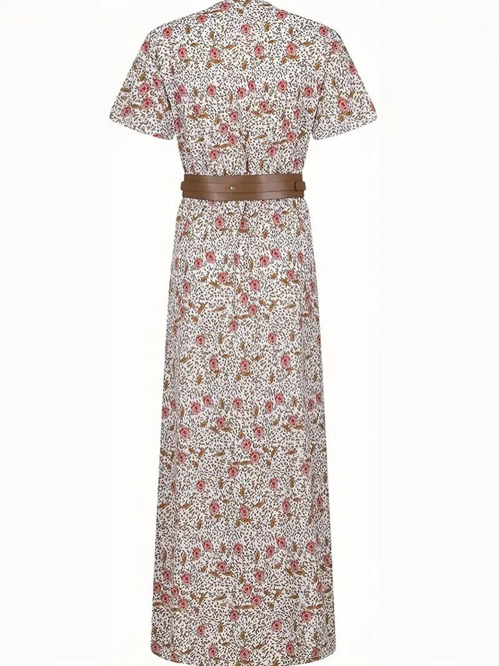 Damen-Sommermaxikleid mit kurzen Ärmeln und Taillengürtel