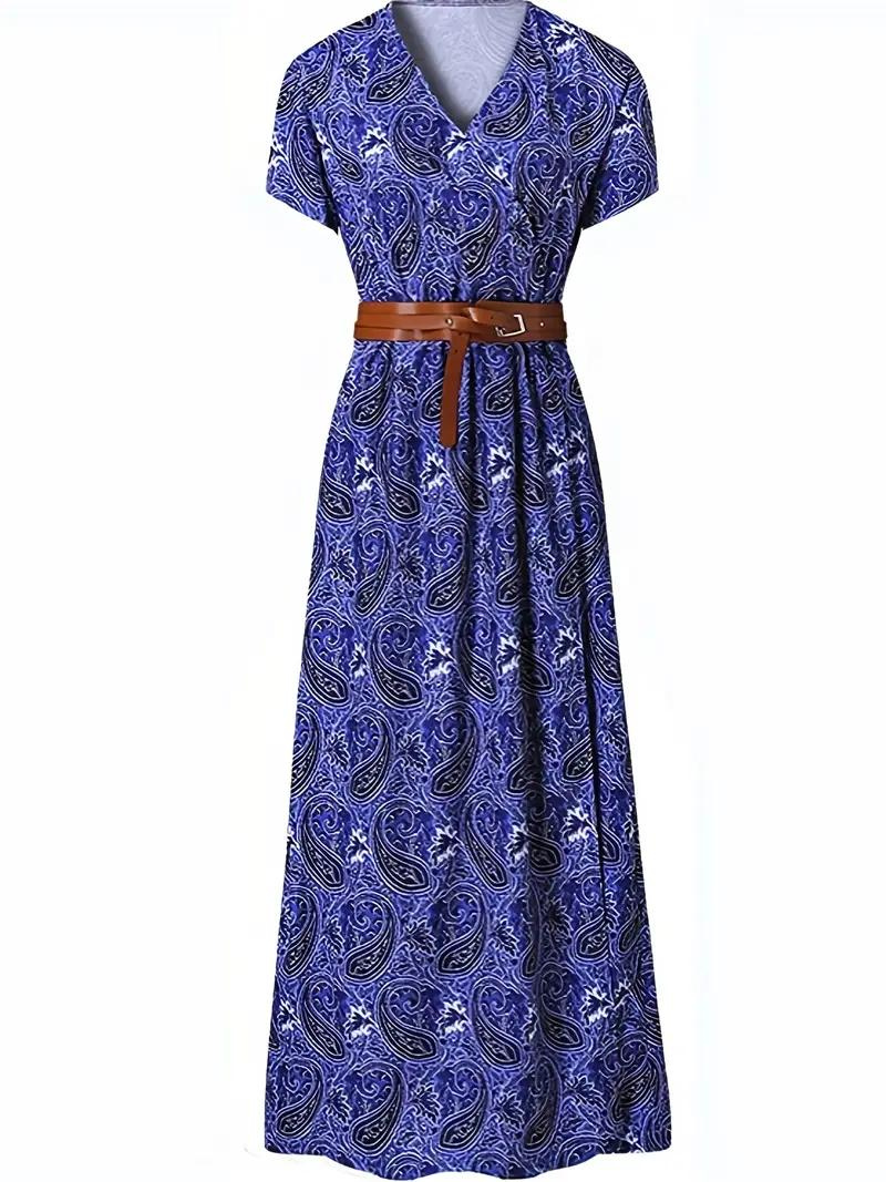 Damen-Sommermaxikleid mit kurzen Ärmeln und Taillengürtel