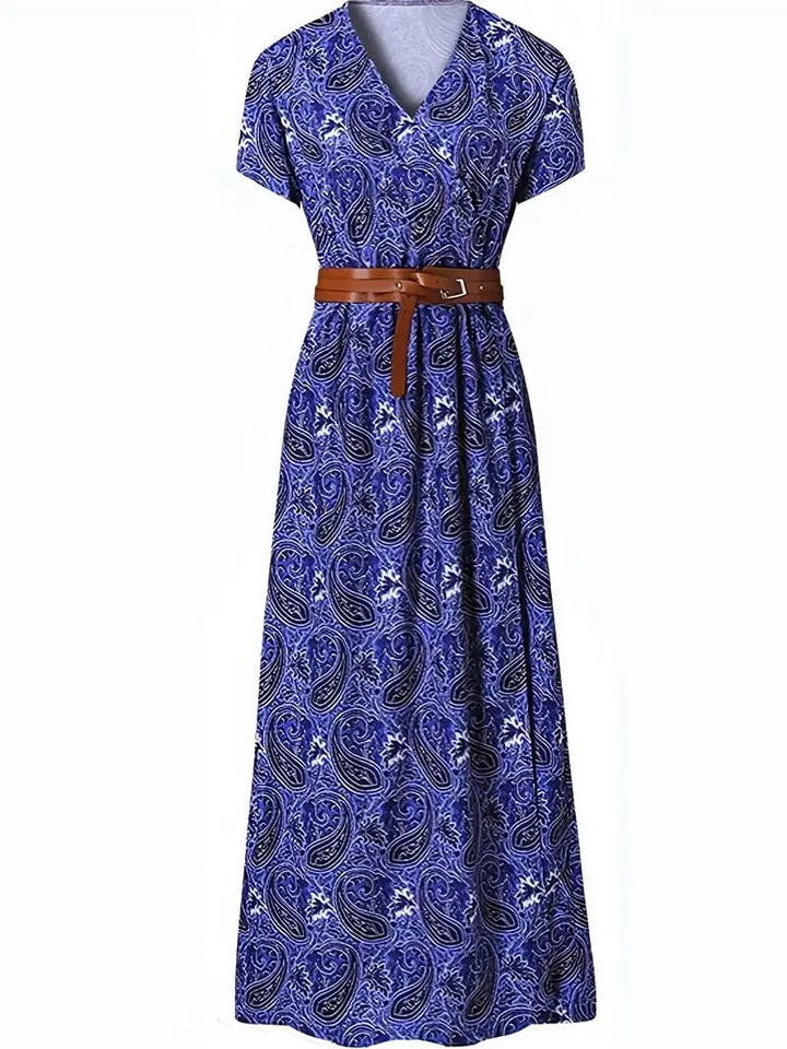 Damen-Sommermaxikleid mit kurzen Ärmeln und Taillengürtel