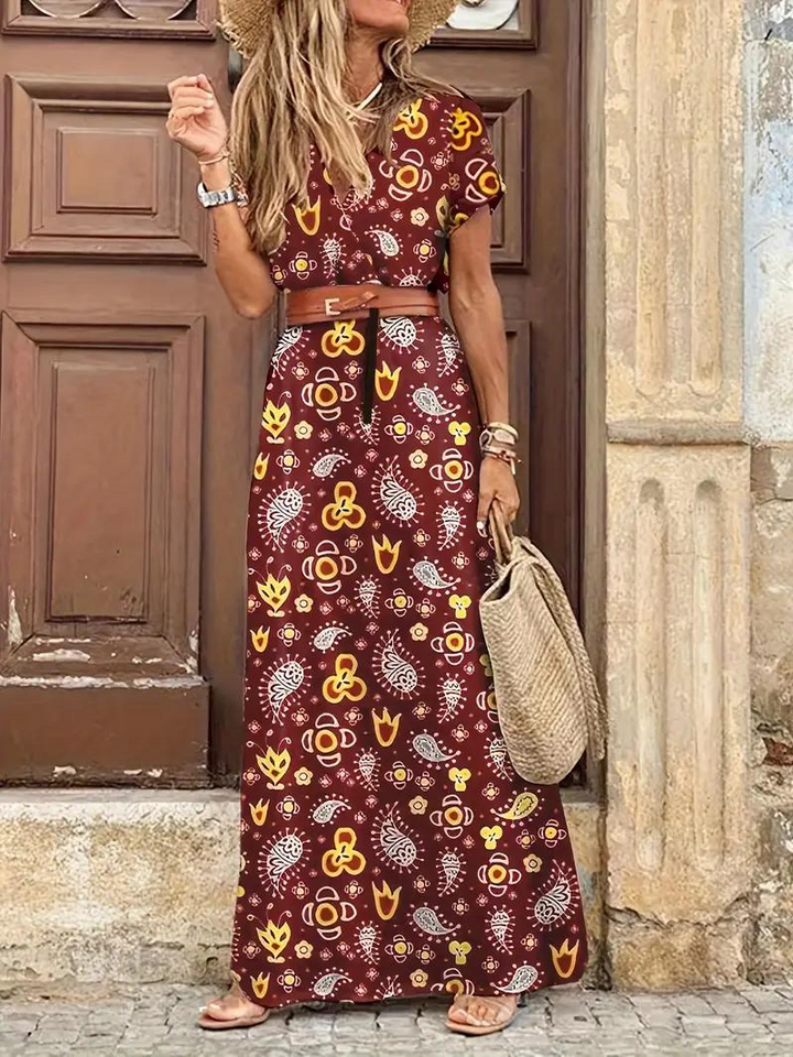 Damen-Sommermaxikleid mit kurzen Ärmeln und Taillengürtel