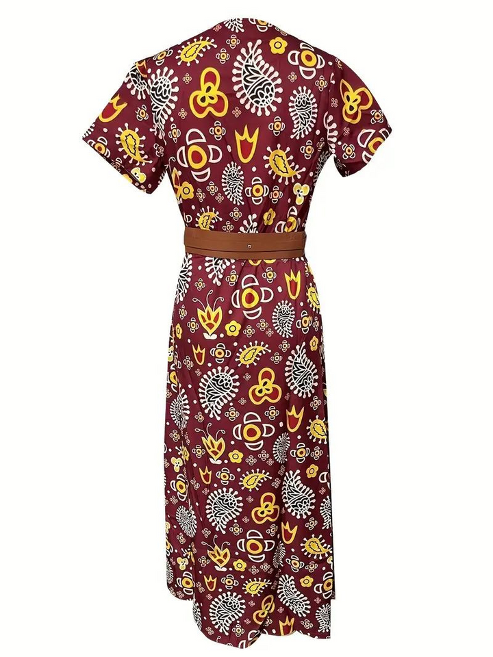 Damen-Sommermaxikleid mit kurzen Ärmeln und Taillengürtel
