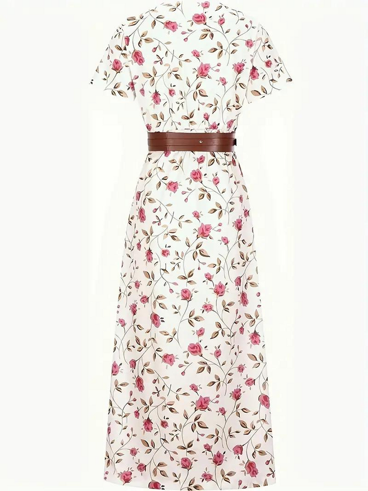 Damen-Sommermaxikleid mit kurzen Ärmeln und Taillengürtel