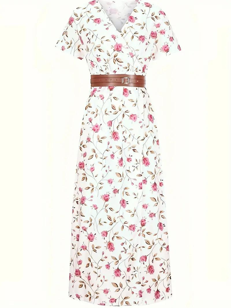 Damen-Sommermaxikleid mit kurzen Ärmeln und Taillengürtel