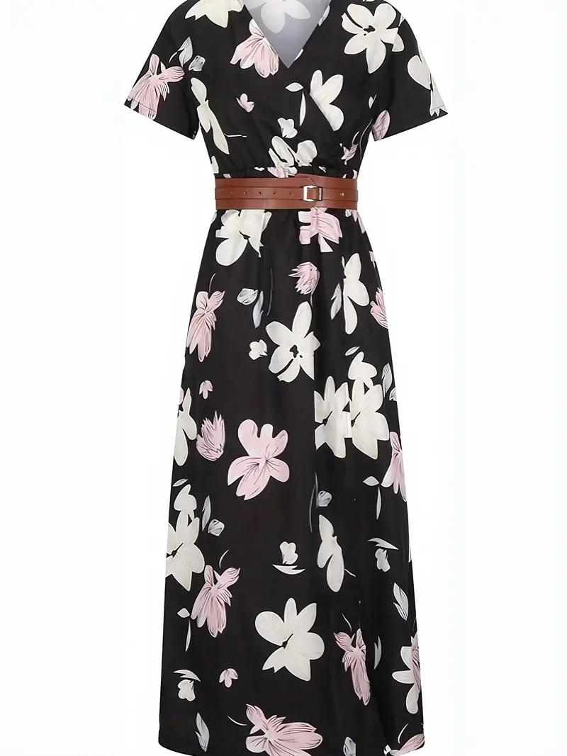 Damen-Sommermaxikleid mit kurzen Ärmeln und Taillengürtel