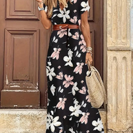 WW | Kleid, kurzärmlig, Gürtel, Maxikleid, Sommerkleid
