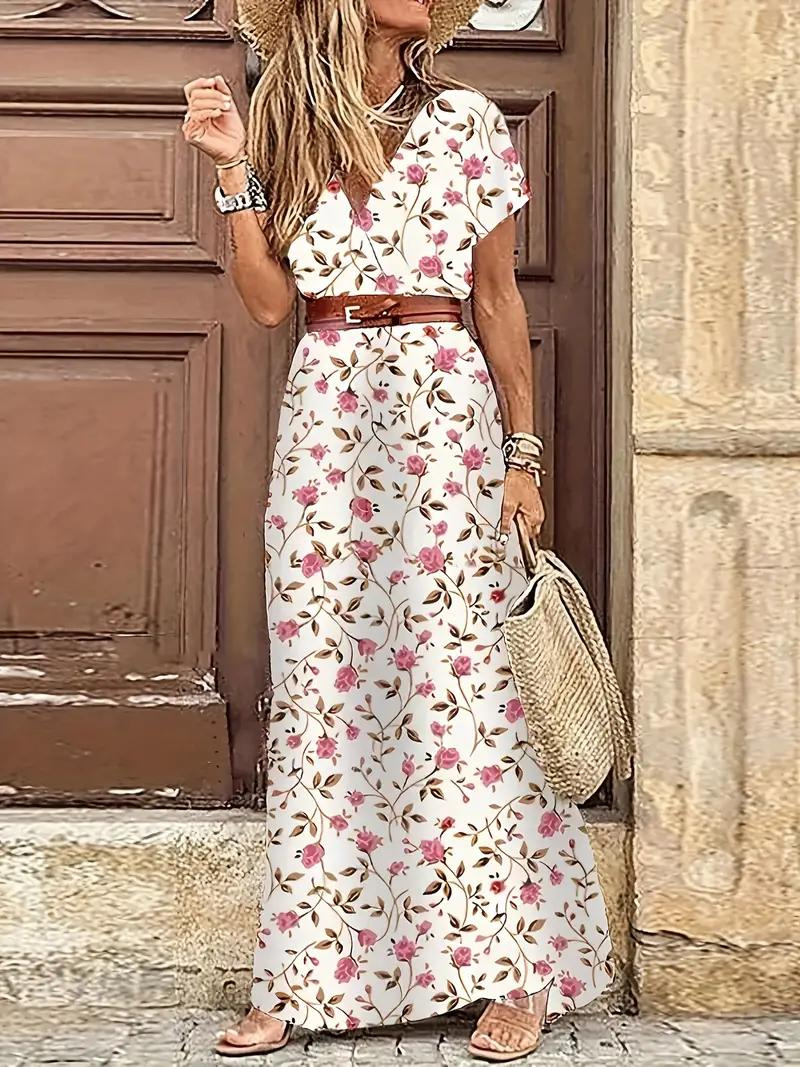 Damen-Sommermaxikleid mit kurzen Ärmeln und Taillengürtel