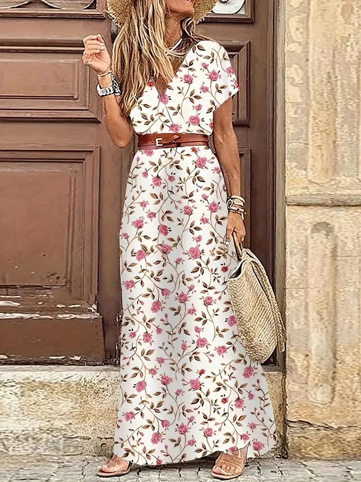 Damen-Sommermaxikleid mit kurzen Ärmeln und Taillengürtel
