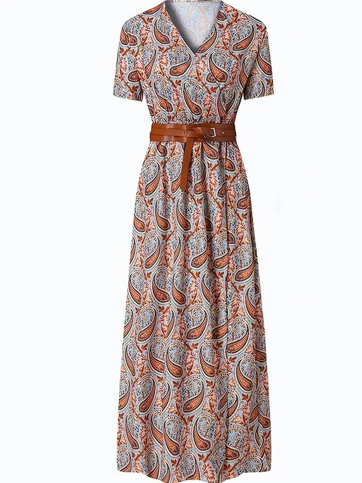 Damen-Sommermaxikleid mit kurzen Ärmeln und Taillengürtel