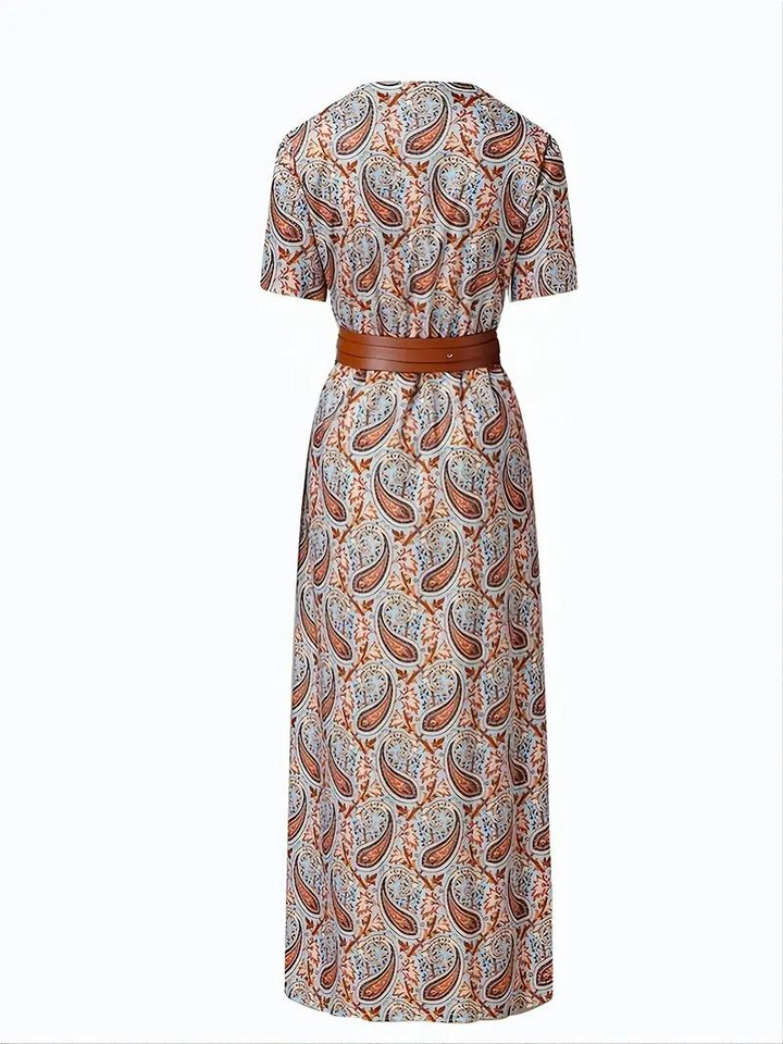 Damen-Sommermaxikleid mit kurzen Ärmeln und Taillengürtel