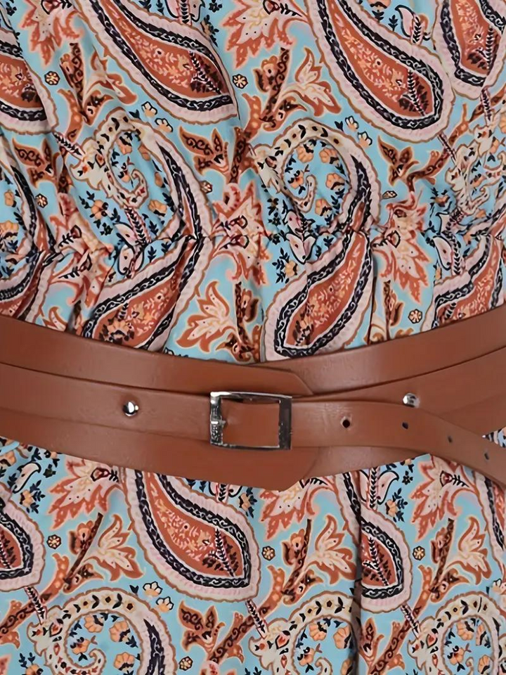 Damen-Sommermaxikleid mit kurzen Ärmeln und Taillengürtel