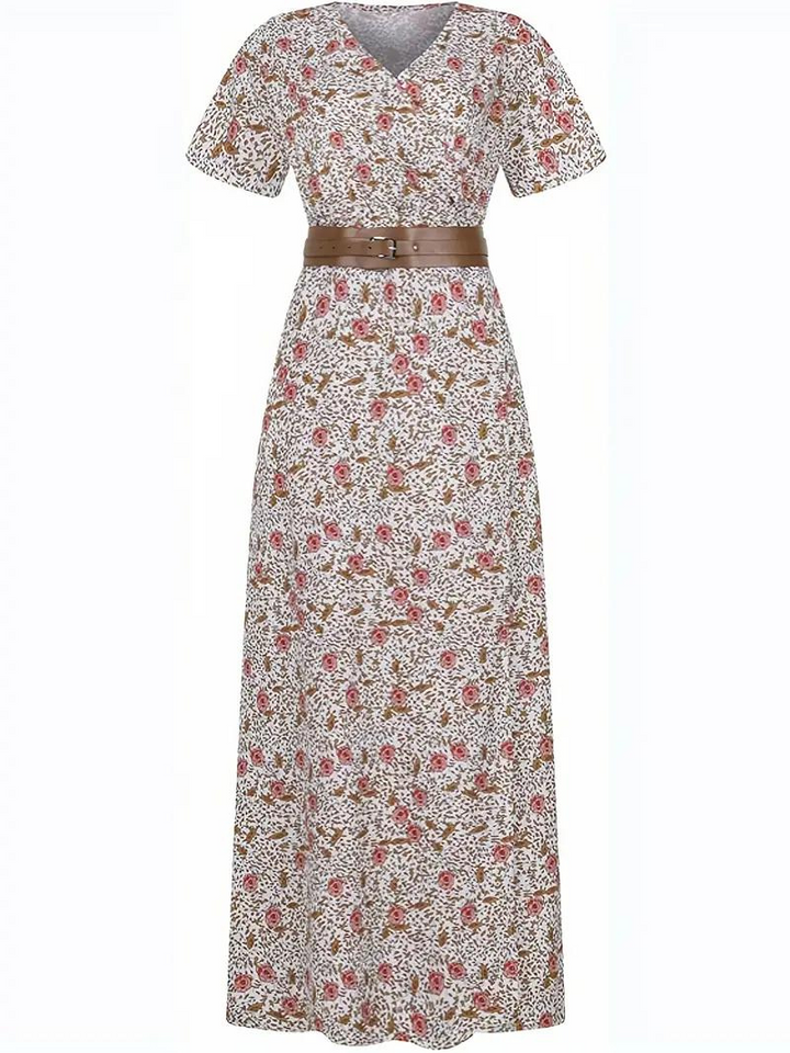 Damen-Sommermaxikleid mit kurzen Ärmeln und Taillengürtel