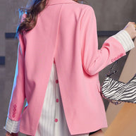 WW | Pink Notched Patchwork Button Fake Two Pieces Coats Long Sleeve