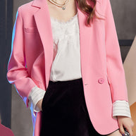 WW | Pink Notched Patchwork Button Fake Two Pieces Coats Long Sleeve