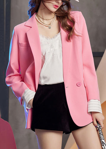 WW | Pink Notched Patchwork Button Fake Two Pieces Coats Long Sleeve