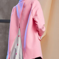 WW | Pink Notched Patchwork Button Fake Two Pieces Coats Long Sleeve