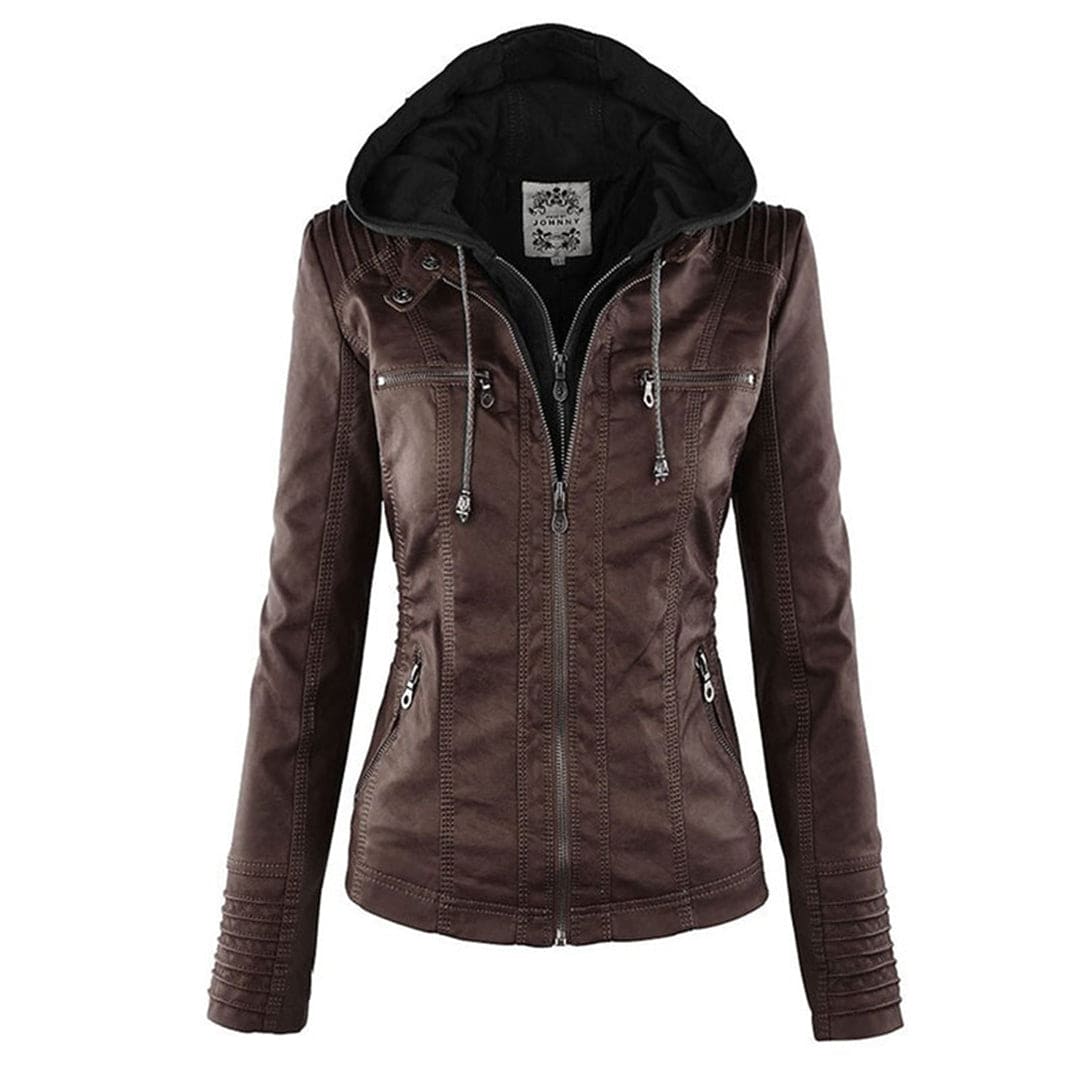 WW - Damen lässige Lederjacke mit Kapuze