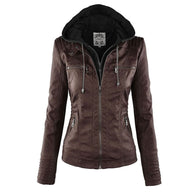 WW - Damen lässige Lederjacke mit Kapuze