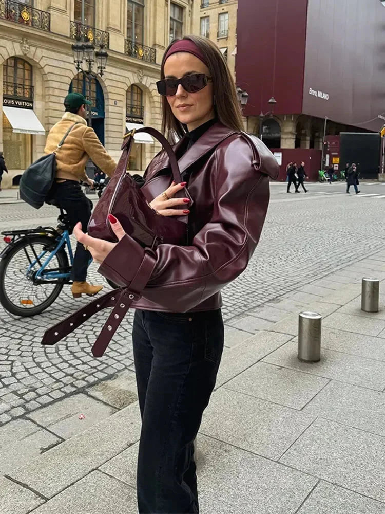 WW | Lederjacke Damen Kunstleder Bikerjacke mit Gürtel