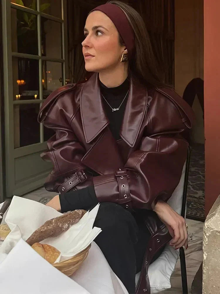 W&W Mode | Lederjacke Damen Kunstleder Bikerjacke mit Gürtel