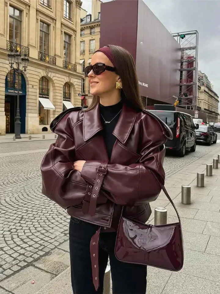 W&W Mode | Lederjacke Damen Kunstleder Bikerjacke mit Gürtel