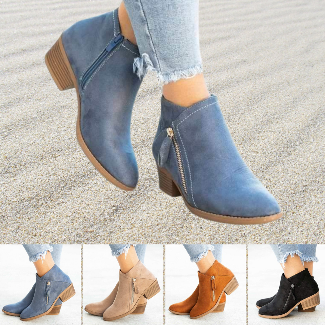 W&W Mode - Damen Stiefeletten mit doppeltem Reißverschluss und chunky niedrigem Absatz