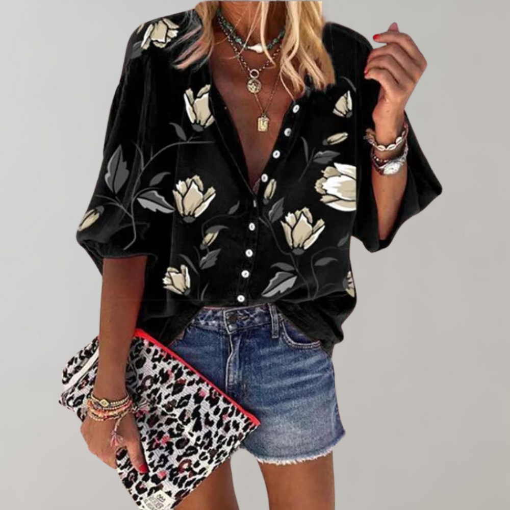 WW-Sommerbluse | Lässige Damenbluse mit Blumenmuster und Knöpfen