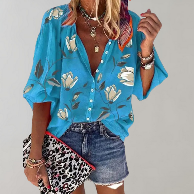 WW-Sommerbluse | Lässige Damenbluse mit Blumenmuster und Knöpfen