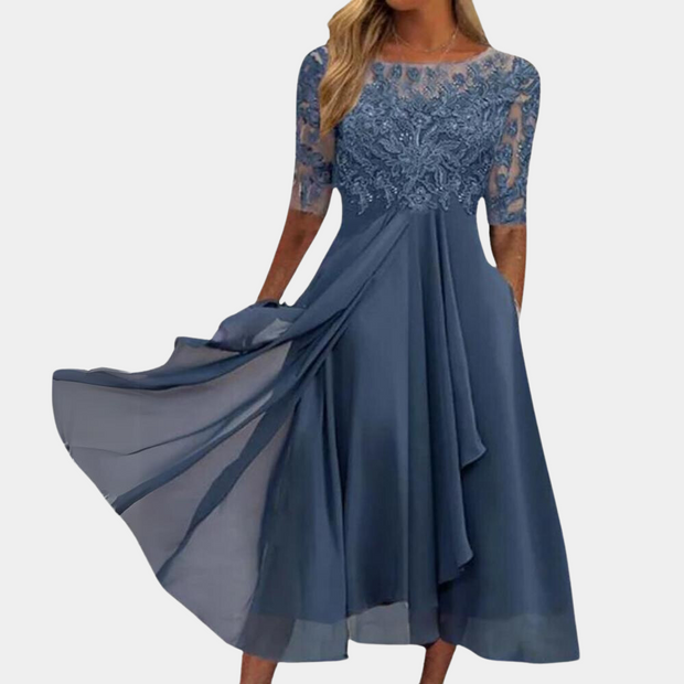 WW | Elegantes Spitzen Chiffon Midi Kleid für Damen