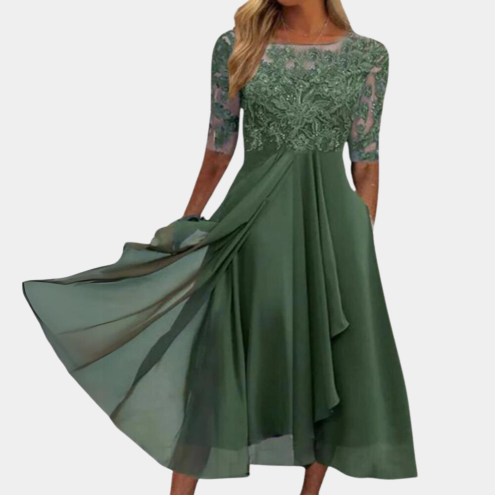 WW | Elegantes Spitzen Chiffon Midi Kleid für Damen