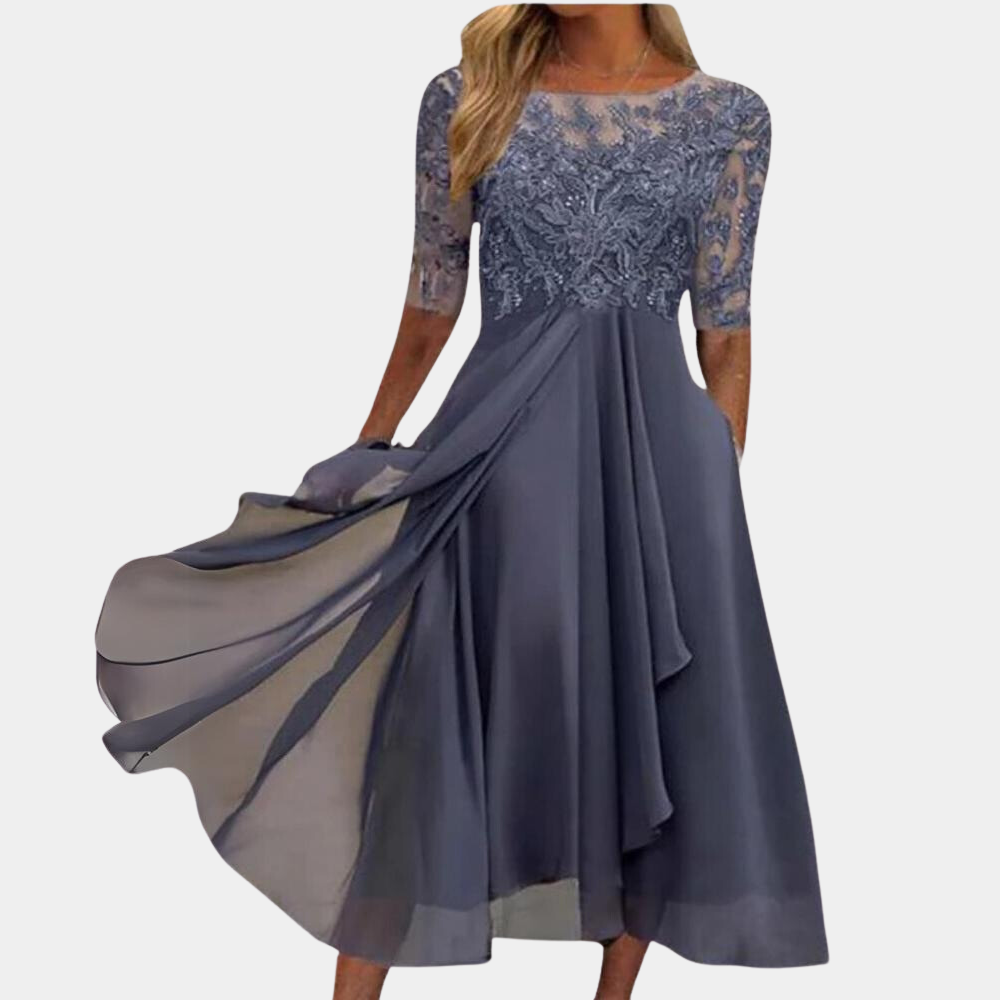WW | Elegantes Spitzen Chiffon Midi Kleid für Damen