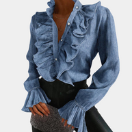 WW | Denim-Bluse mit Rüschen und Knopfleiste für Damen