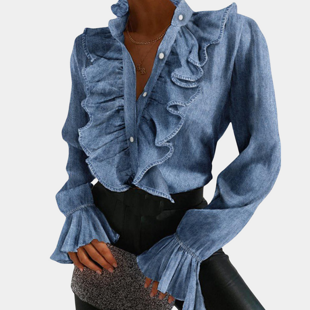 WW | Denim-Bluse mit Rüschen und Knopfleiste für Damen
