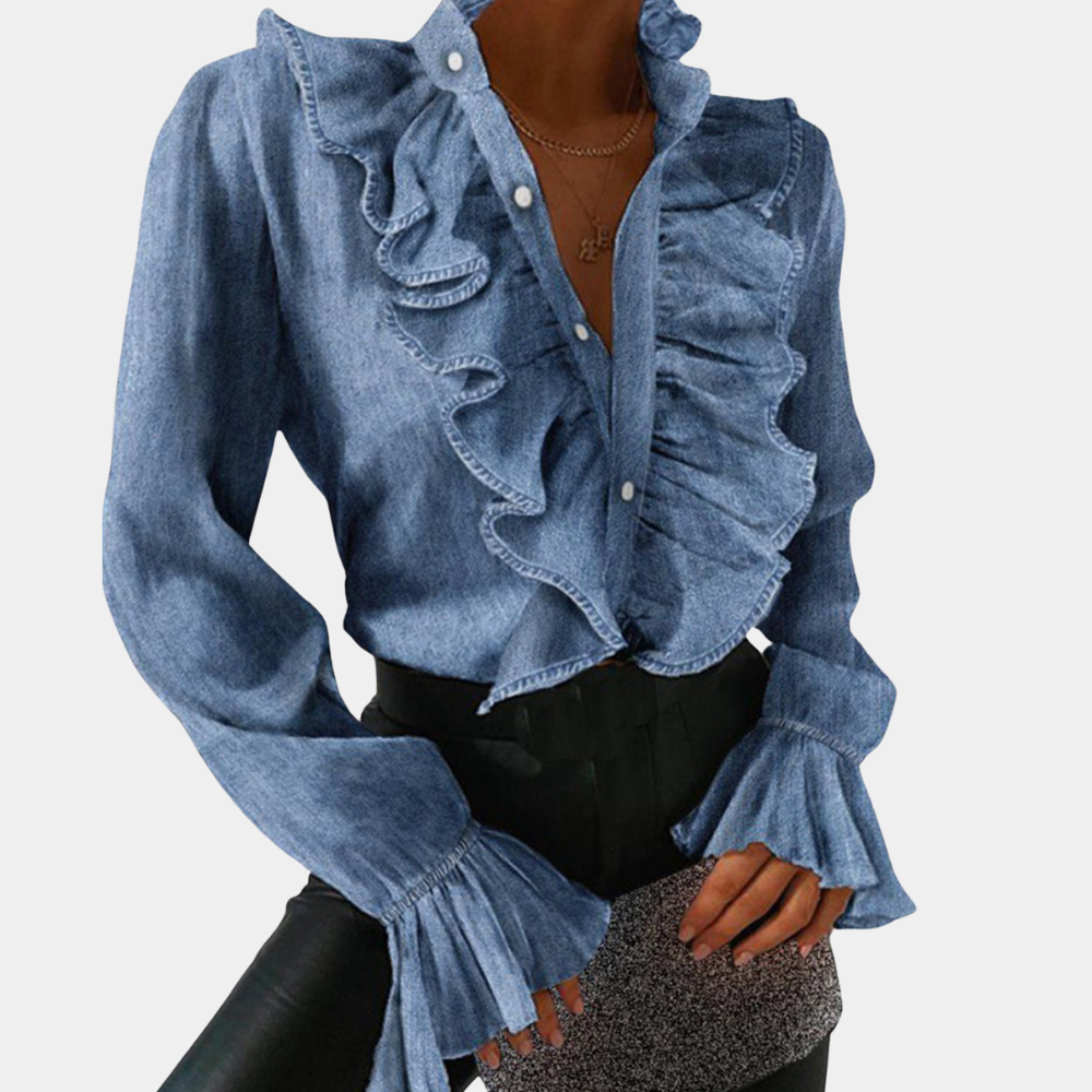 WW | Denim-Bluse mit Rüschen und Knopfleiste für Damen