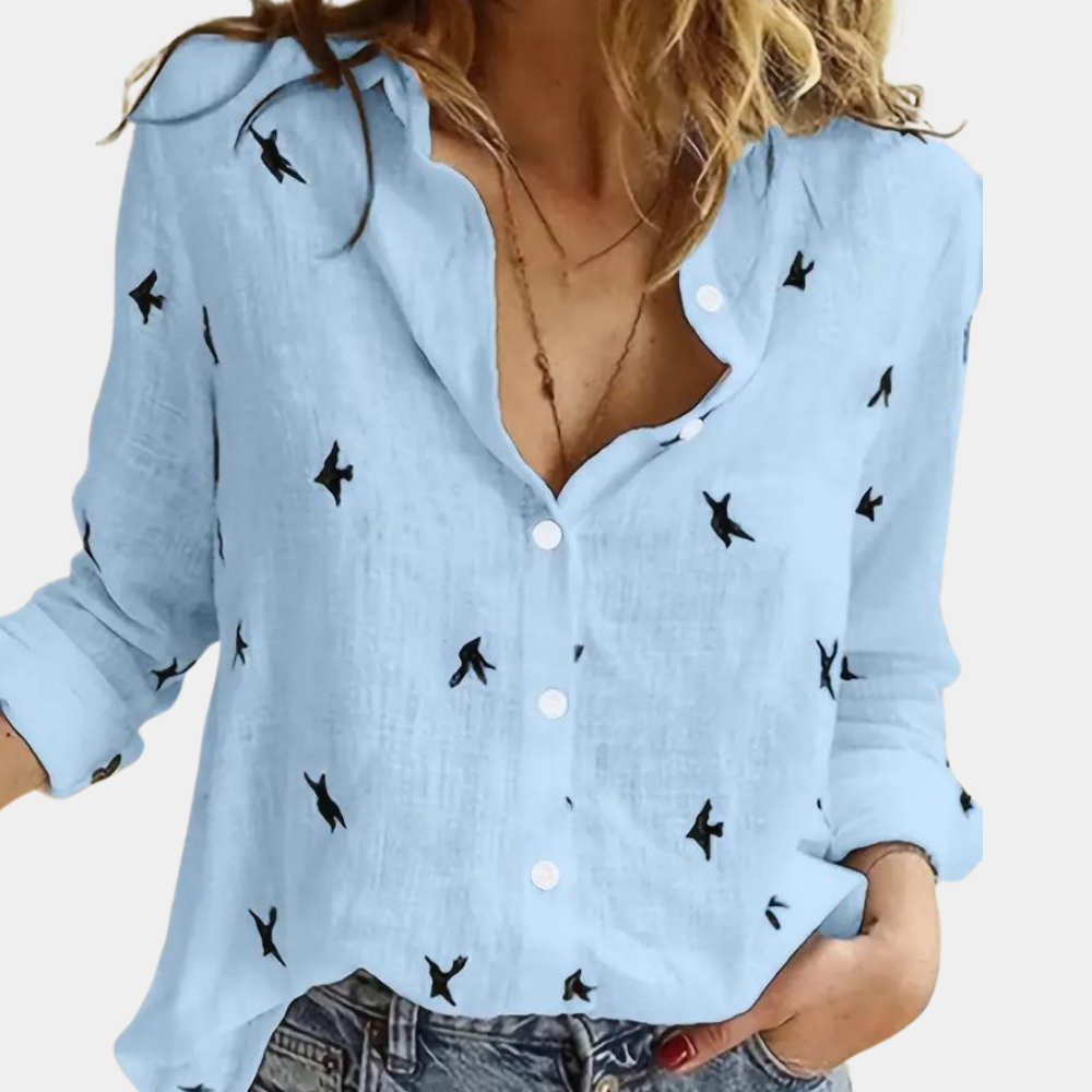 W&W Mode | Leinenhemd mit Knopfleiste und Vogelprint für Damen