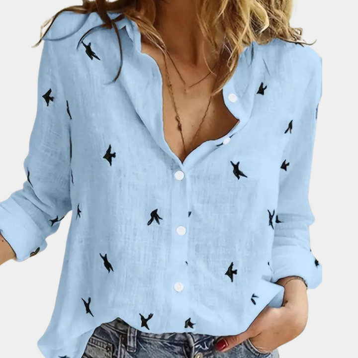 W&W Mode | Leinenhemd mit Knopfleiste und Vogelprint für Damen
