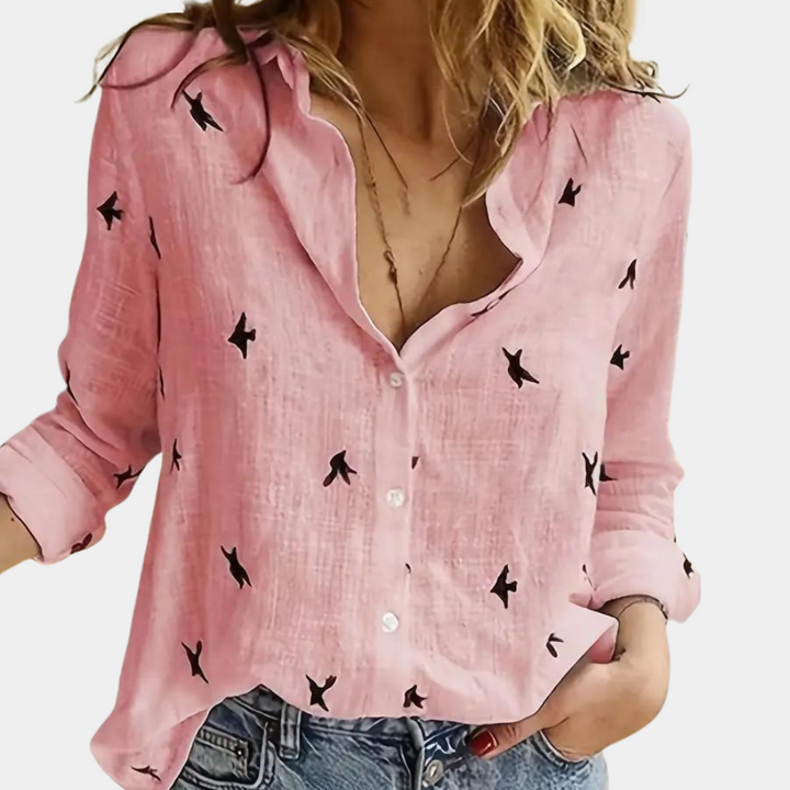 W&W Mode | Leinenhemd mit Knopfleiste und Vogelprint für Damen