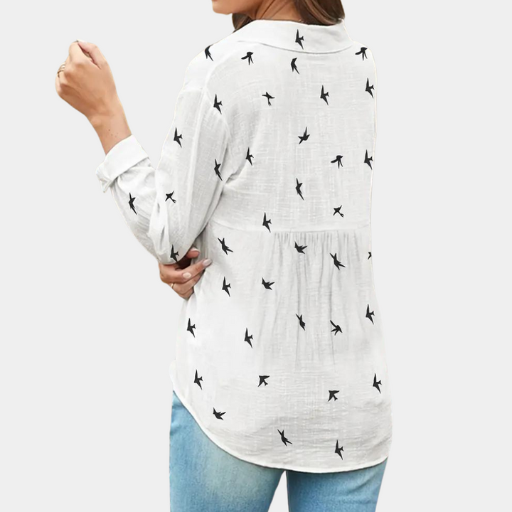 W&W Mode | Leinenhemd mit Knopfleiste und Vogelprint für Damen