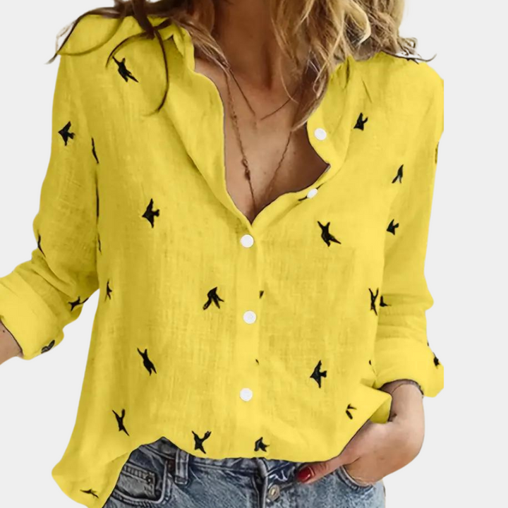 W&W Mode | Leinenhemd mit Knopfleiste und Vogelprint für Damen