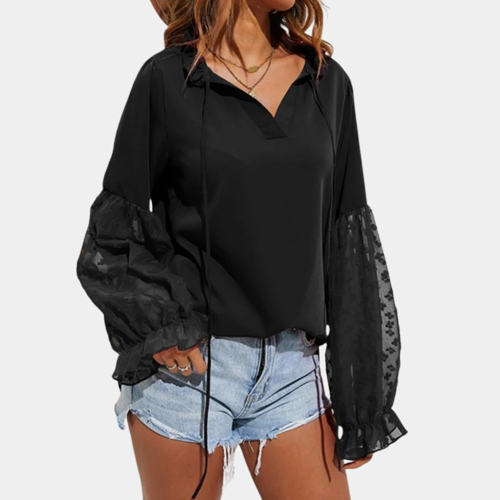 WW | Elegante Lockere Bluse mit Ballonärmeln und Gebundenem Kragen