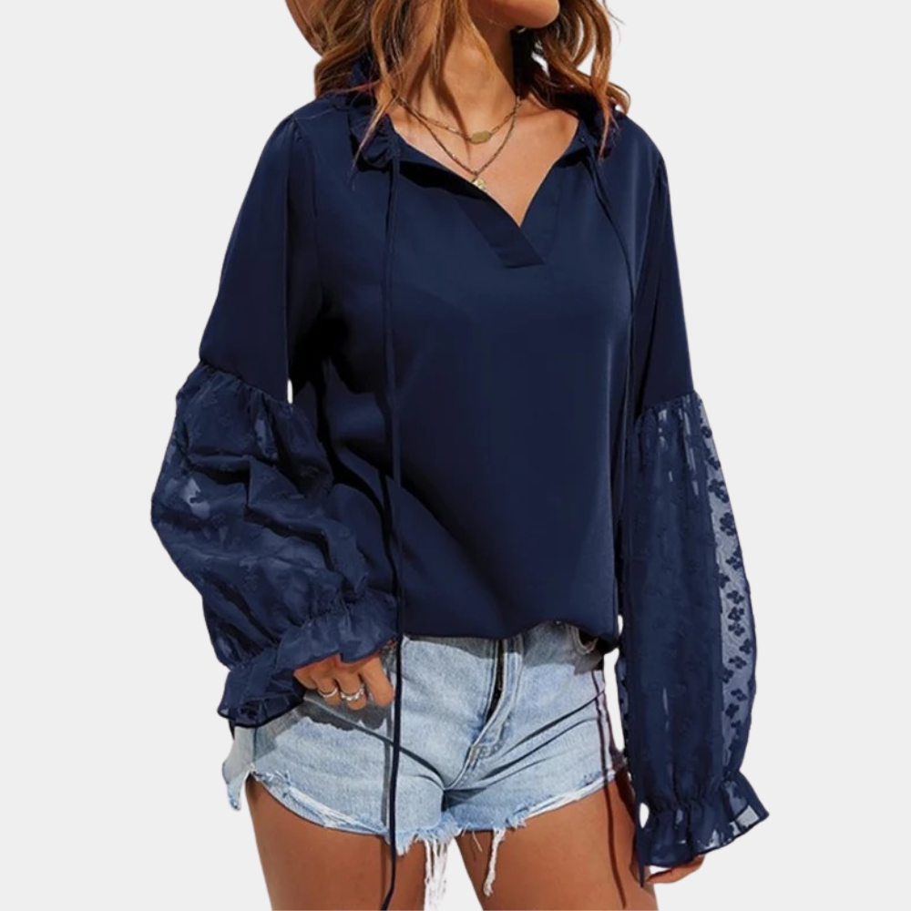 WW | Elegante Lockere Bluse mit Ballonärmeln und Gebundenem Kragen