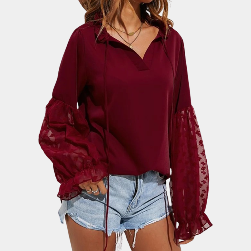 WW | Elegante Lockere Bluse mit Ballonärmeln und Gebundenem Kragen