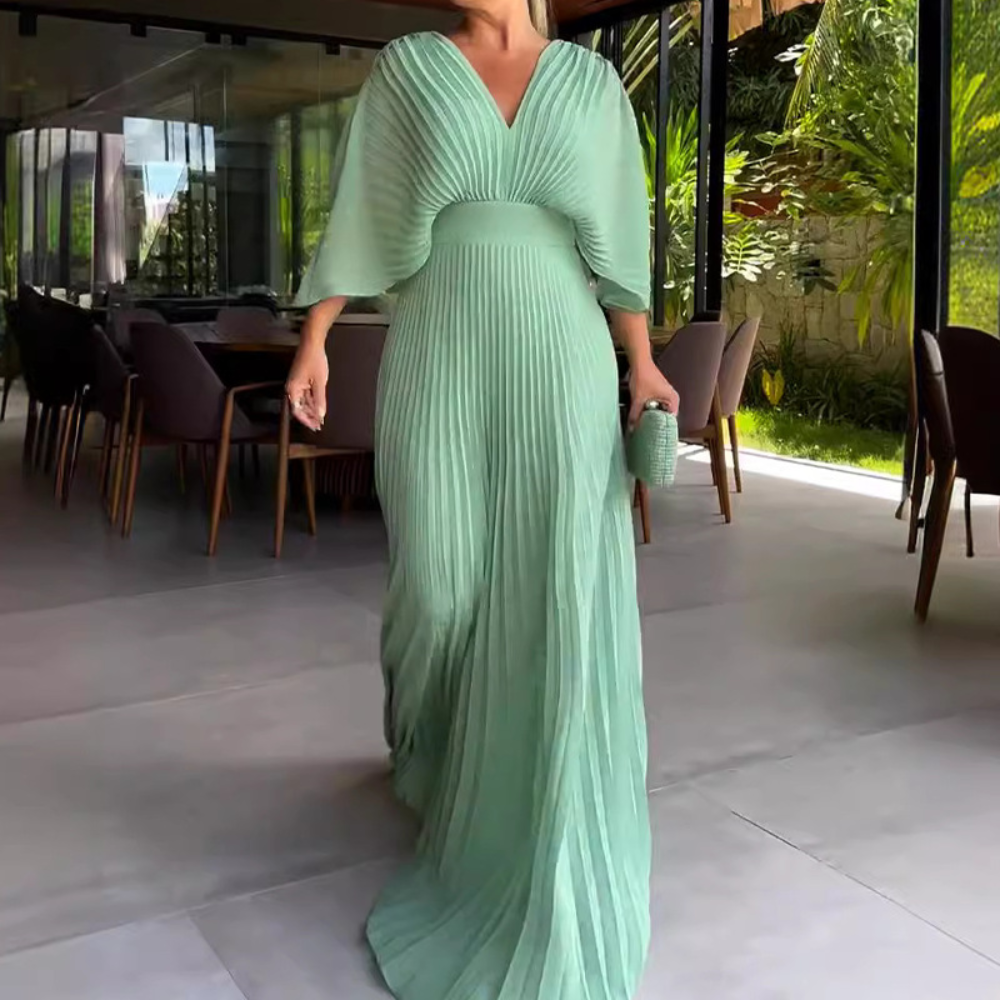 WW | Gefaltetes V-Ausschnitt Maxikleid mit Fließenden Ärmeln für Damen