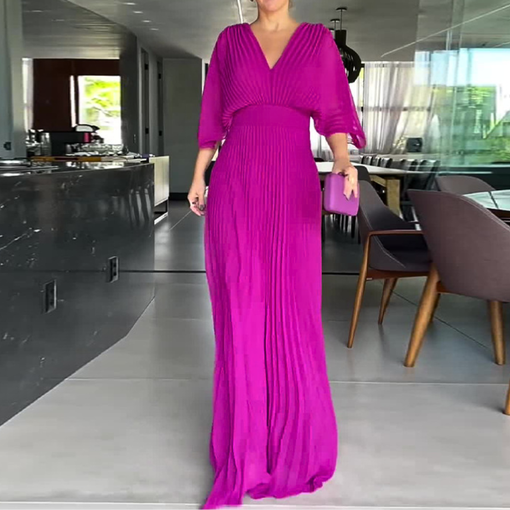 WW | Gefaltetes V-Ausschnitt Maxikleid mit Fließenden Ärmeln für Damen