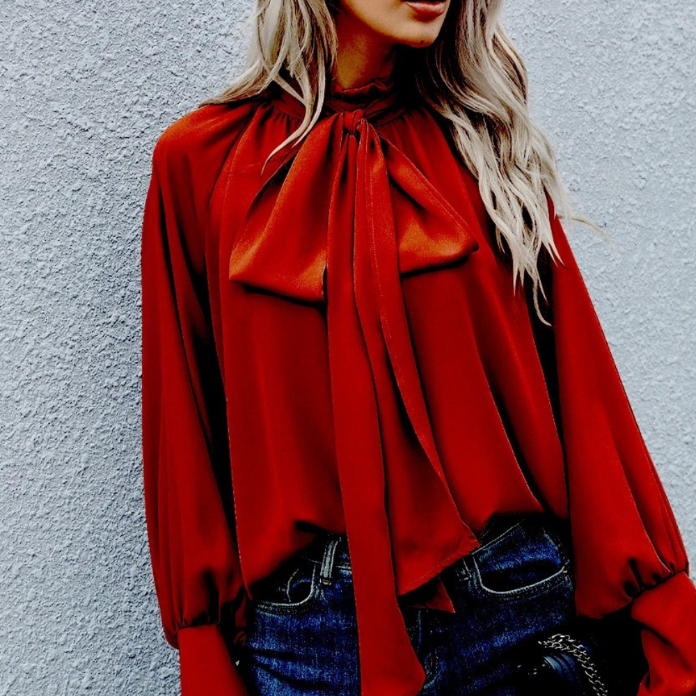 WW | Elegante Lockere Bluse mit Hohem Kragen und Langen Ärmeln
