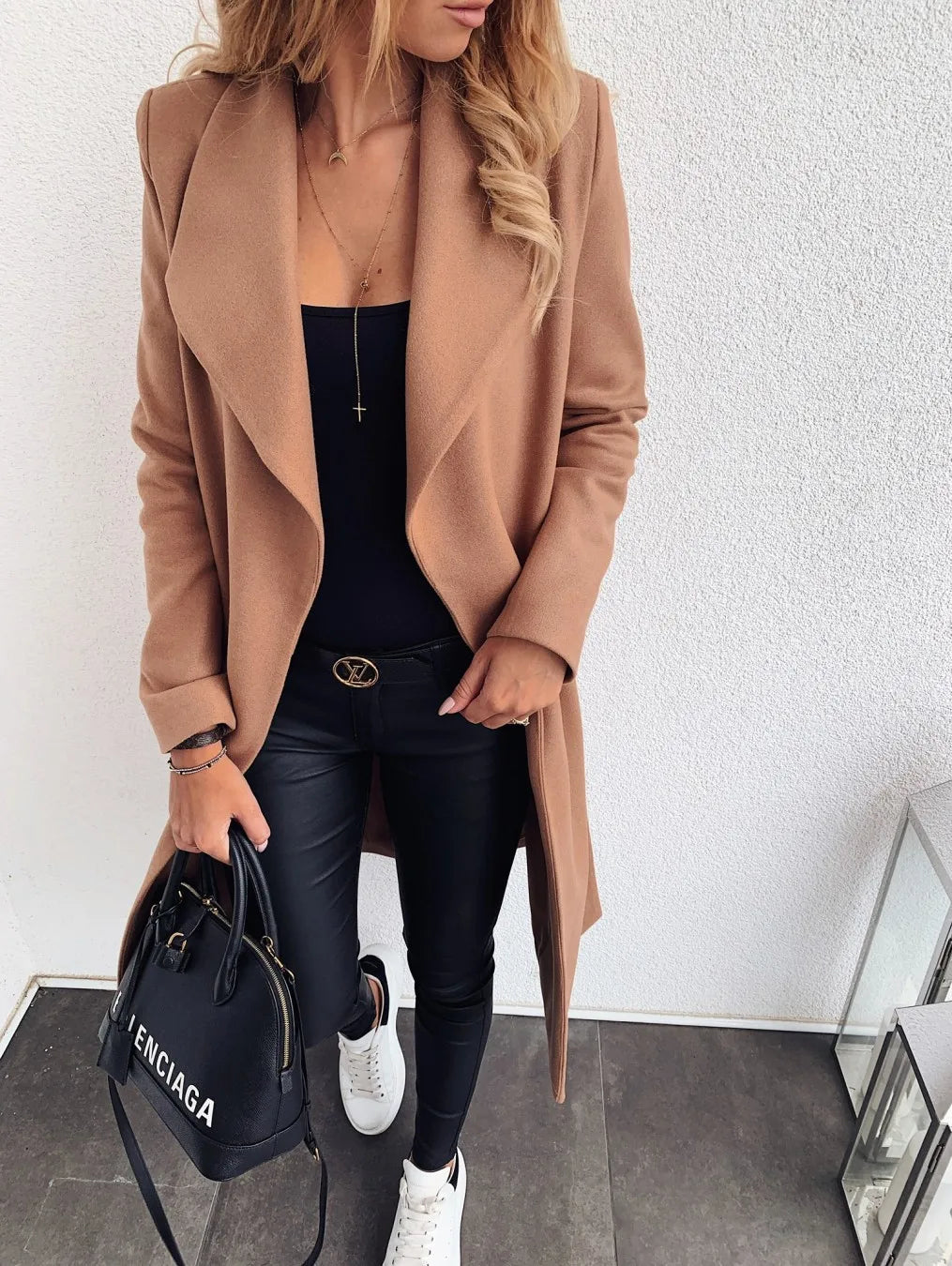 Damen mittellanger Wollmantel mit Knopfverschluss und Taschen